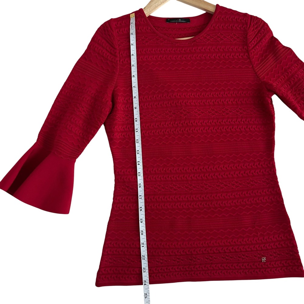 Carolina Herrera Red Cable Knit 3/4 Bell Sleeve Sweater Blouse M Elegant Holiday - Picture 10 of 11
